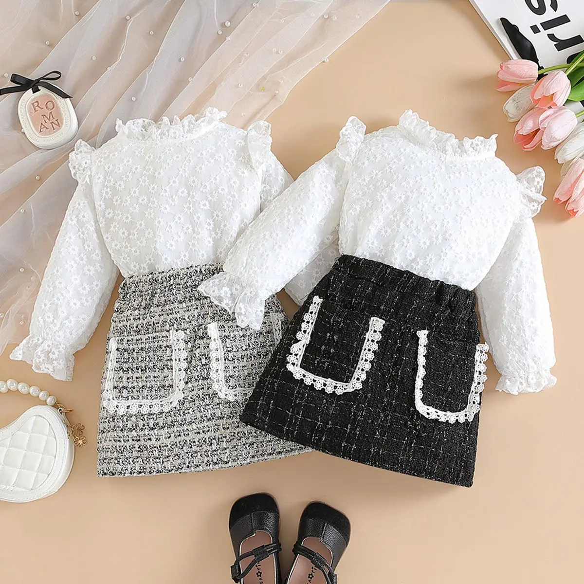 Conjunto 2 piezas niños primavera otoño camiseta bordado falda cuadros - imagen 5