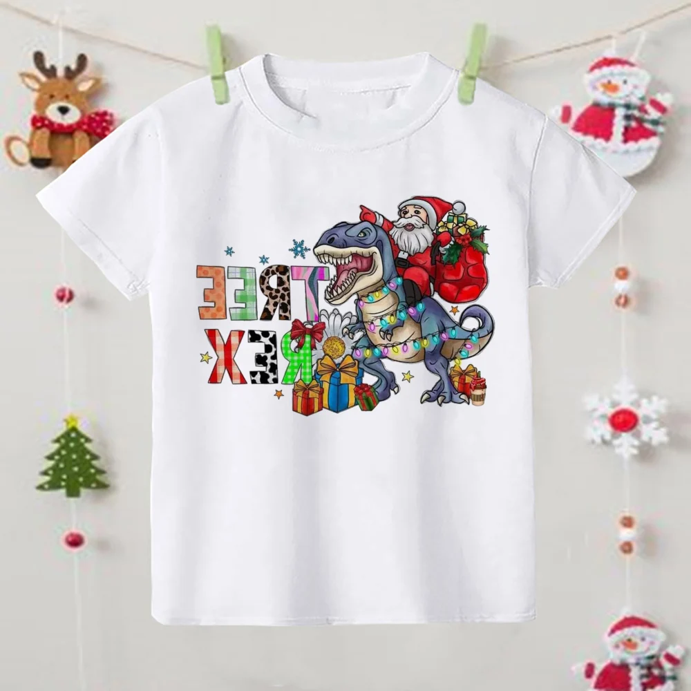 Camiseta infantil navideña de dinosaurios estilo dibujos manga corta - imagen 2
