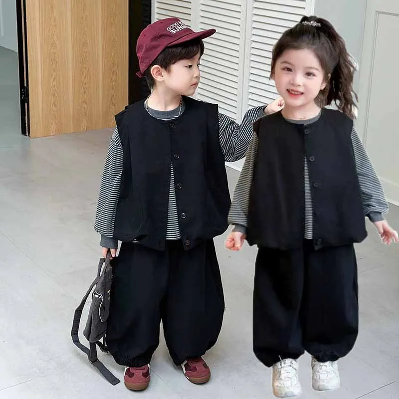 Conjunto de primavera para niña con rayas, chaleco y pantalón
