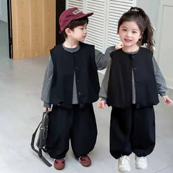 Conjunto de primavera para niña con rayas, chaleco y pantalón