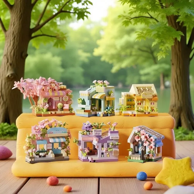 Kit de mini ciudad con floristería y casa de comida en kit de bloques