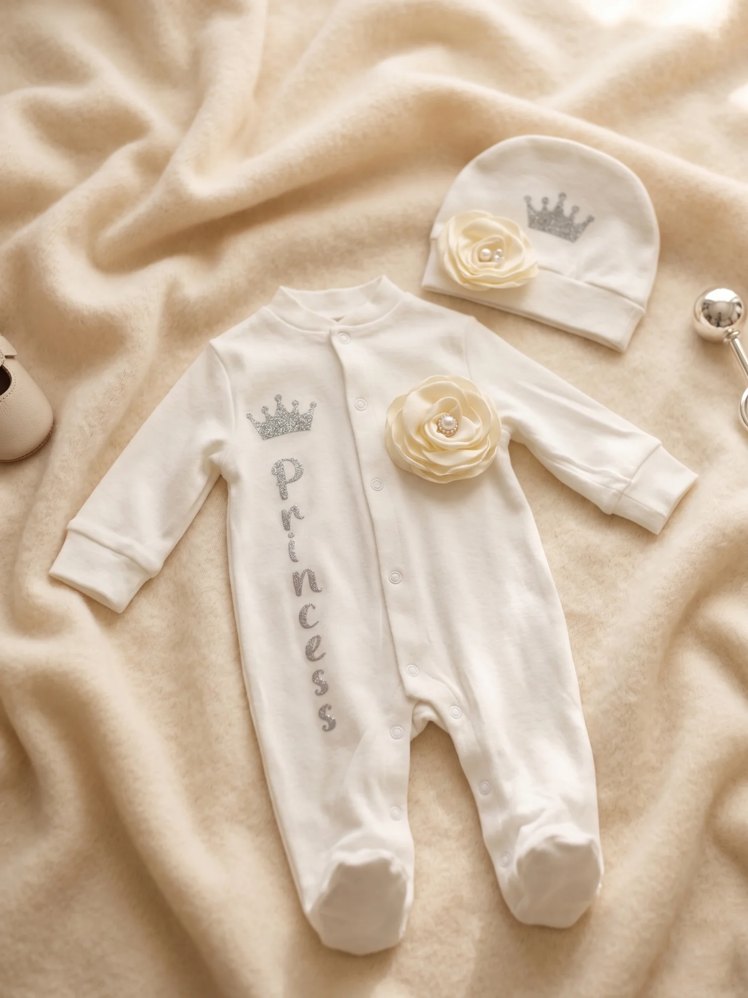 Conjunto de bautizo para bebé niña con pelele de algodón blanco y estampado rosado