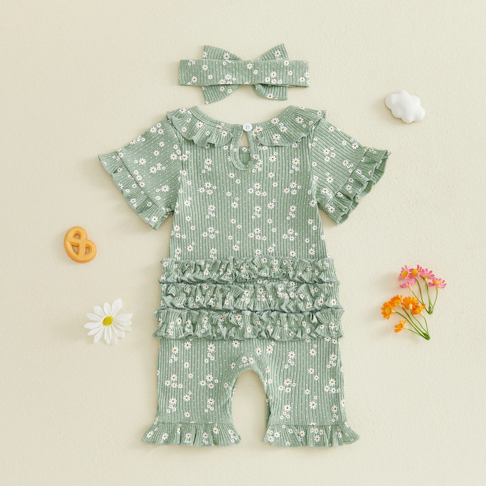 Mono de verano para bebé con manga corta, volantes florales y diadema