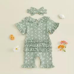 Mono de verano para bebé con manga corta, volantes florales y diadema