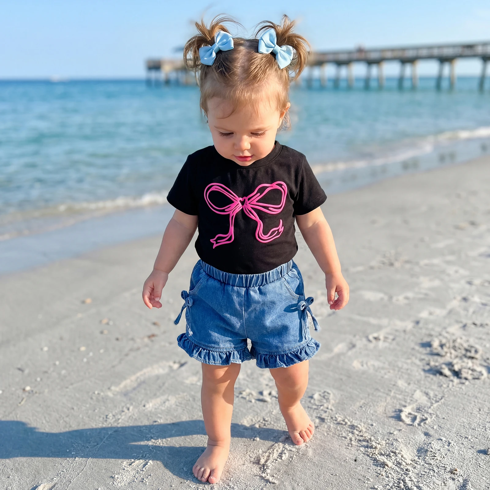 Conjunto bebé niña camisetas manga corta lazo y pantalón corto vaquero - imagen 3