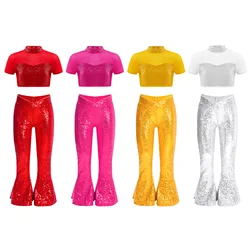 Traje de baile de jazz infantil con lentejuelas y pantalón acampanado