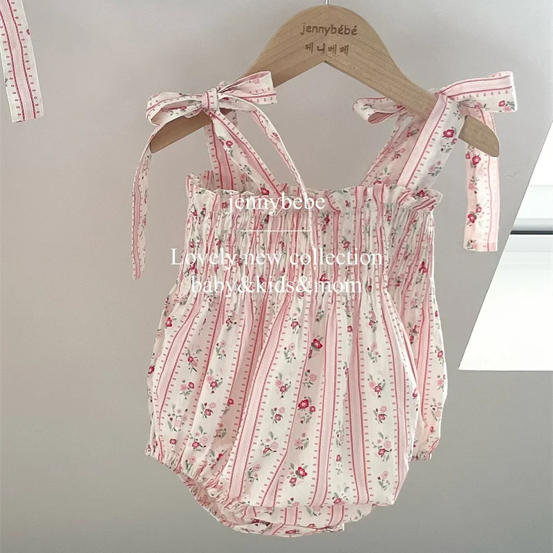 Pelele de tirantes de algodón a rayas florales con lazo para niña - imagen 3