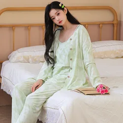 Pijama de lactancia de algodón de manga larga para posparto