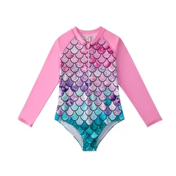 Traje de baño niña una pieza manga larga UV – estampado escamas 3D