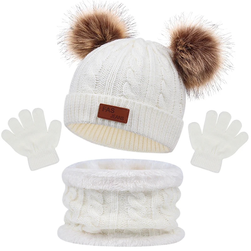 Gorros de invierno para bebé con color sólido, bufanda y guantes - imagen 2