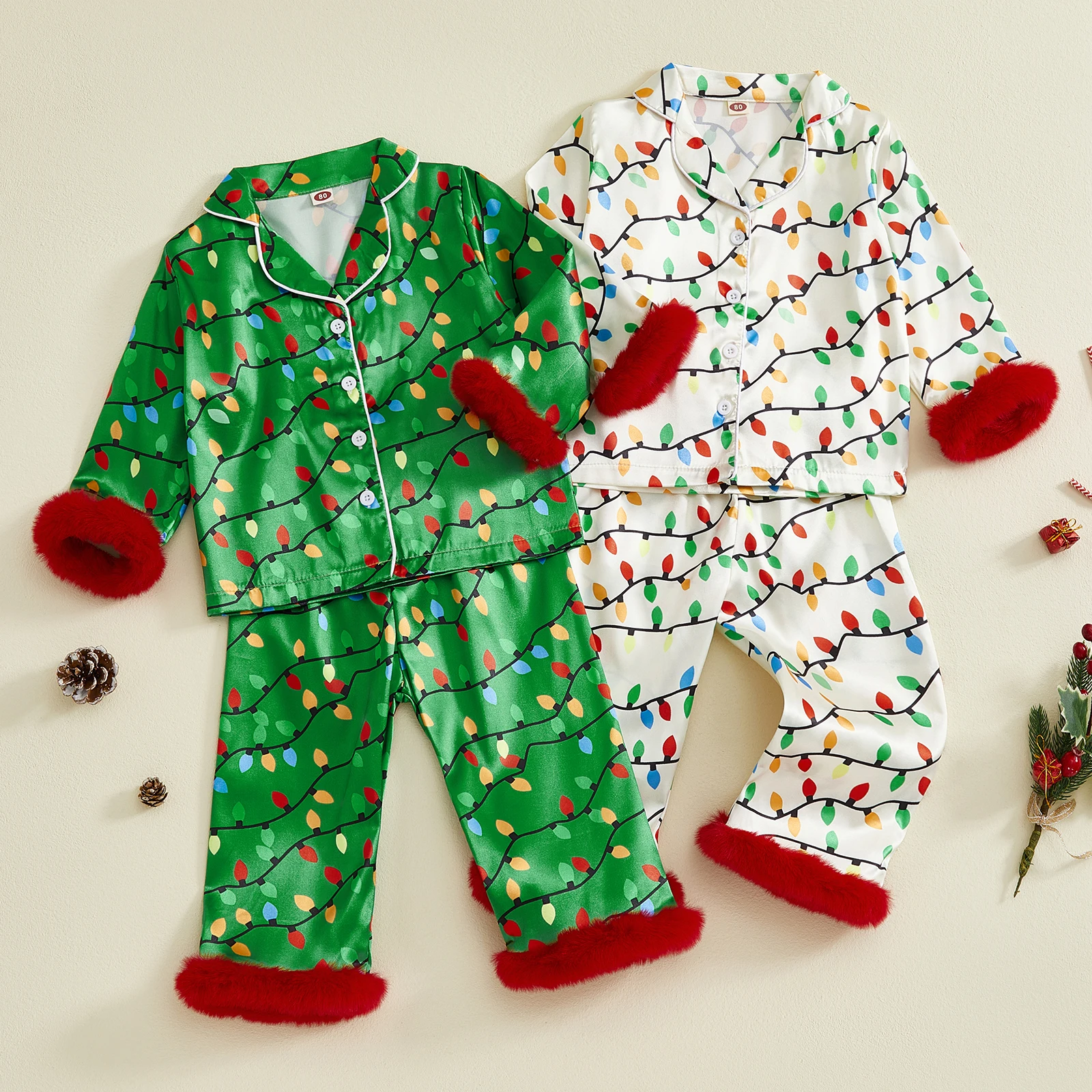 Tregren Pijama Navideño Satén Niño Niña – Top Botones y Pantalón - imagen 3