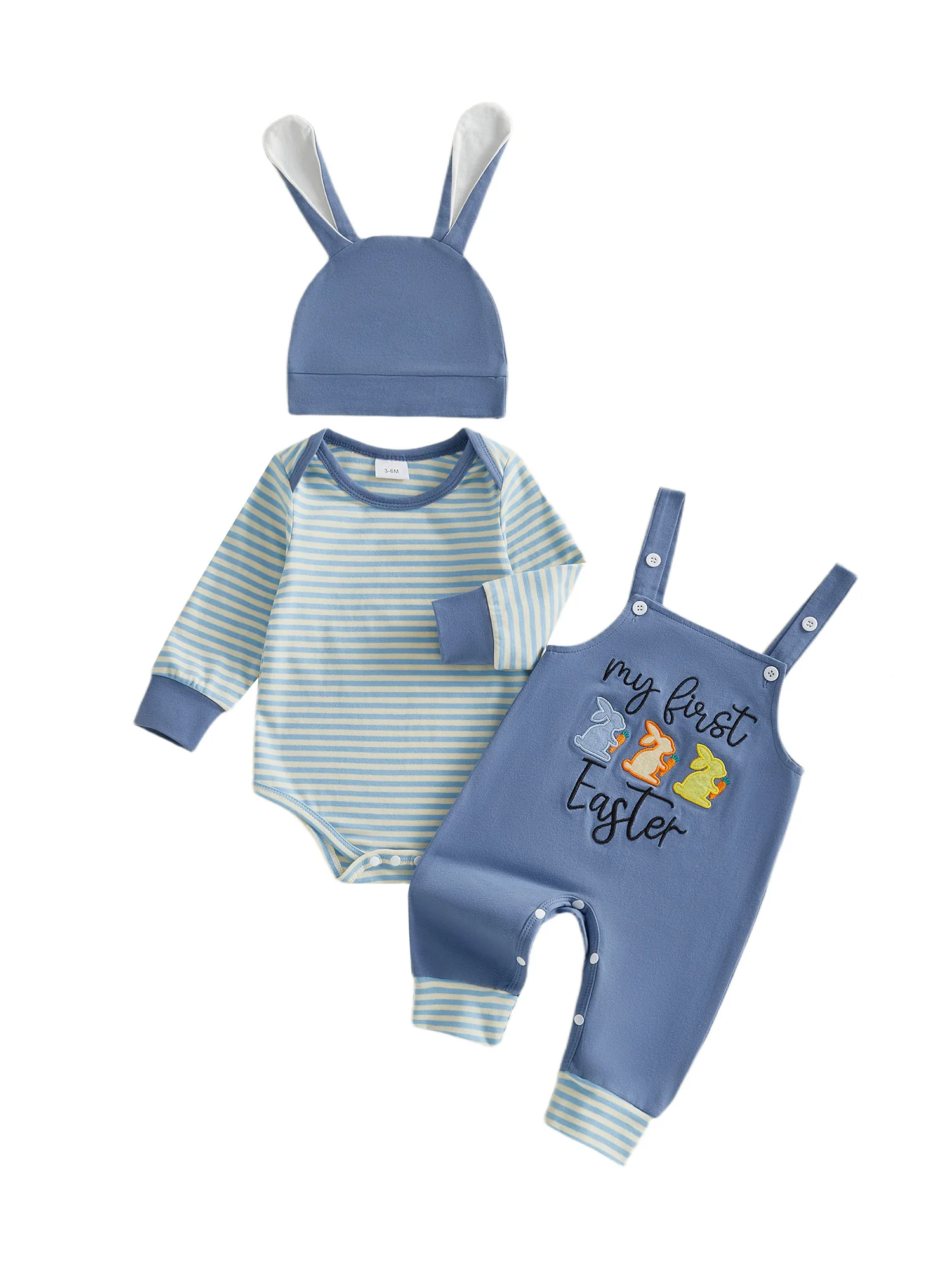 Conjunto completo de Pascua para bebé con mameluco a rayas, mono y sombrero con bordado de conejito