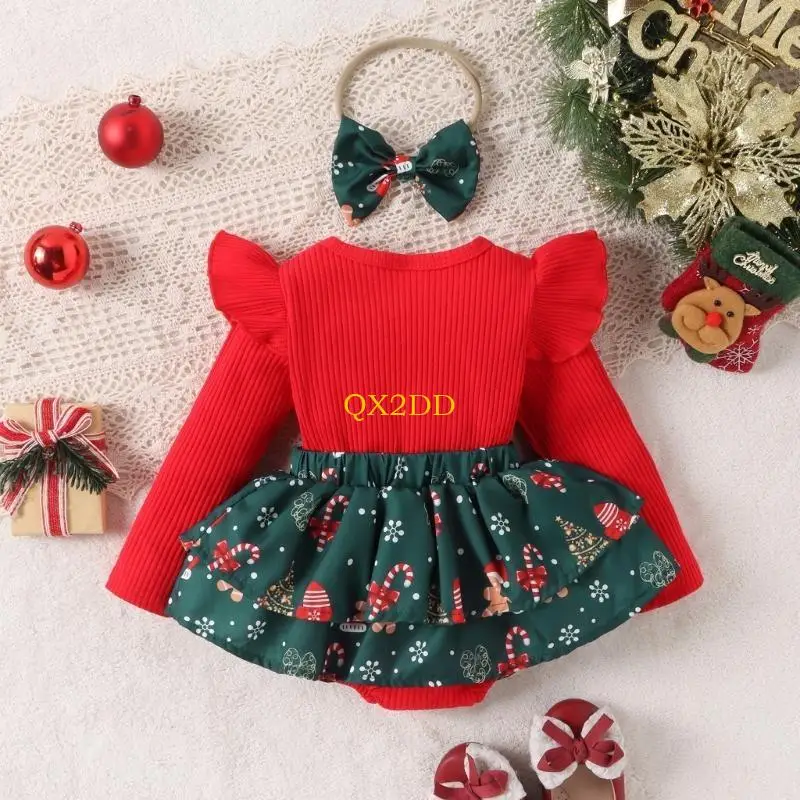 QX2D Mono navideño para bebé con volantes y diadema lazo roja - imagen 3