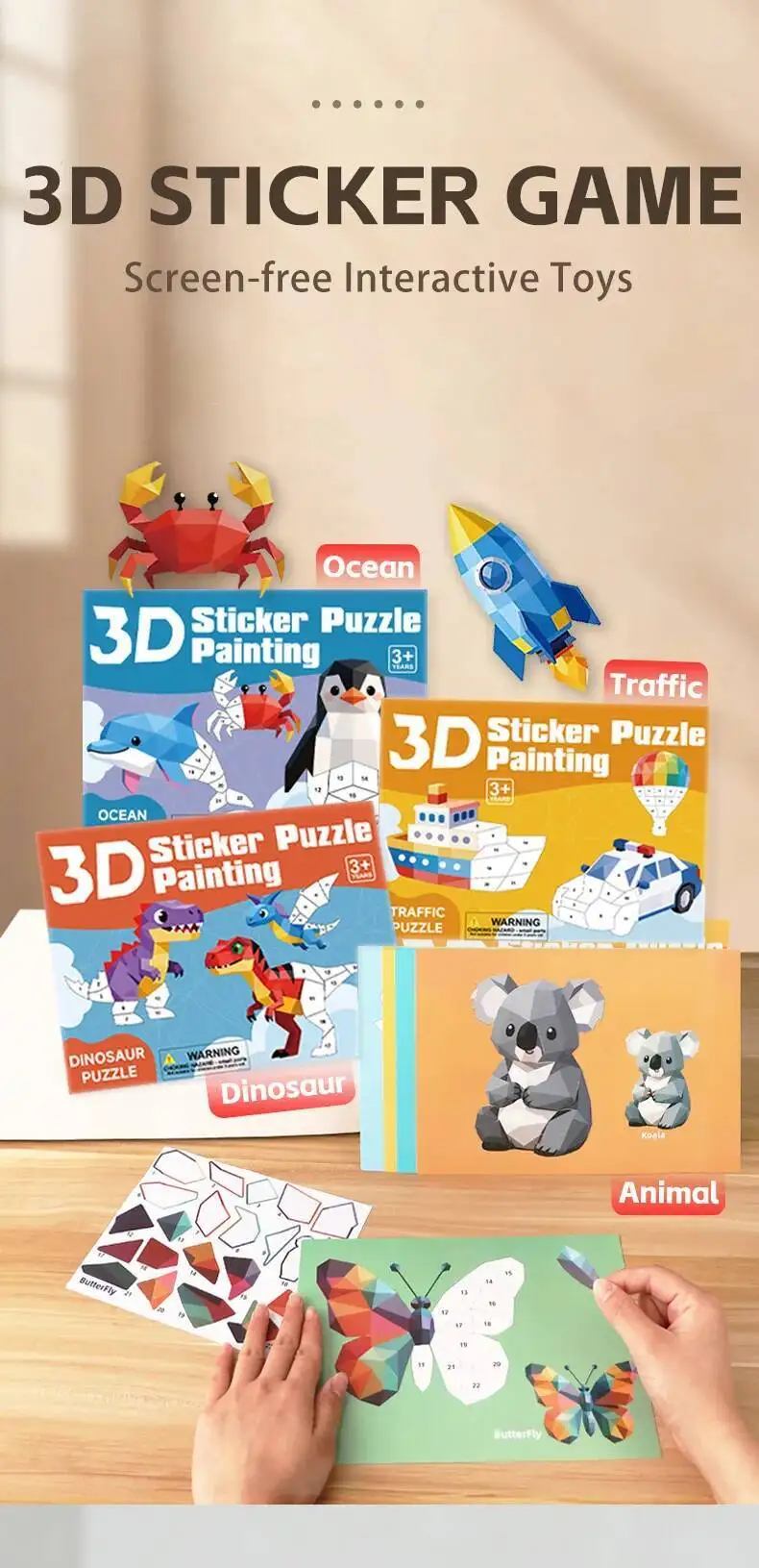 Niño usando pegatinas en un libro de geometría