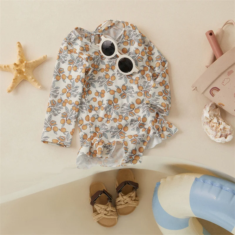 Tregren Bañador manga larga niña estampado floral con volantes