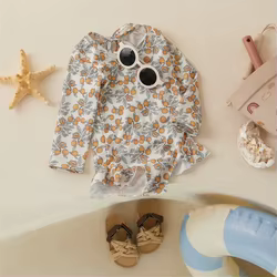 Tregren Bañador manga larga niña estampado floral con volantes