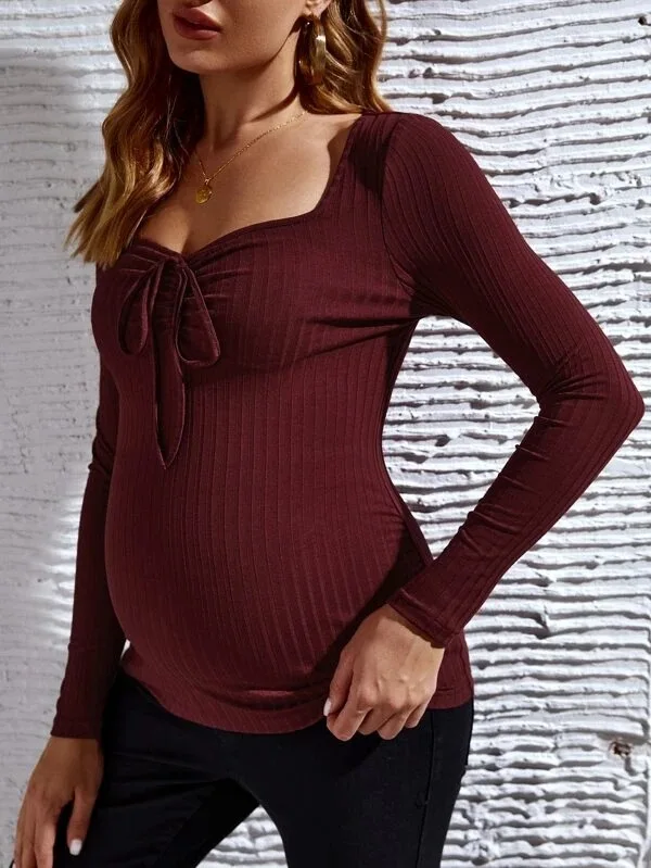 Camiseta de manga larga premamá cuello bajo dulce rojo y negro - imagen 3