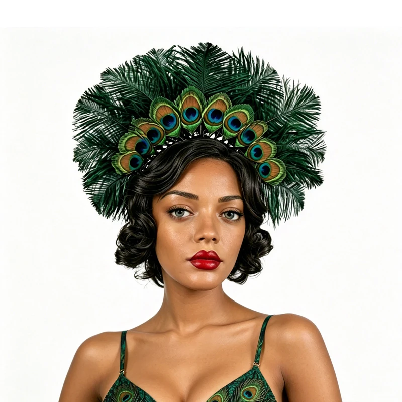 Diadema de plumas de pavo real verde oscuro estilo años veinte carnaval - imagen 3