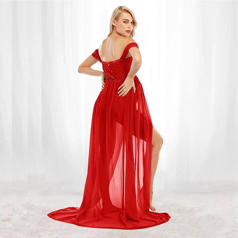 Vestido maternidad encaje largo elegante hombros descubiertos - imagen 2