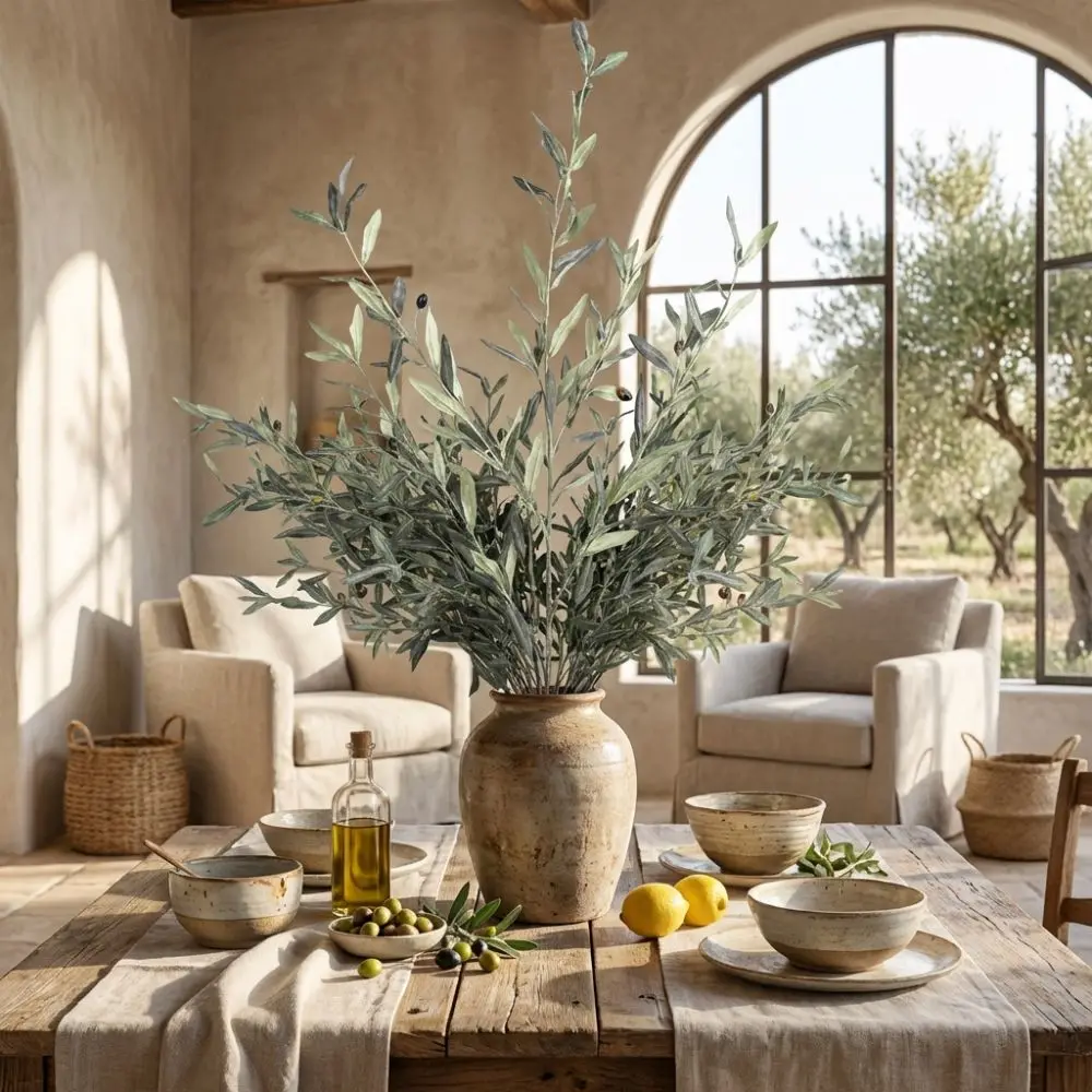 Combinación de ramas de olivo artificial en decoración de interiores