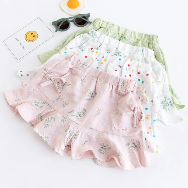 Pantalones cortos para niñas 3-8 años con estampado fino y lazo