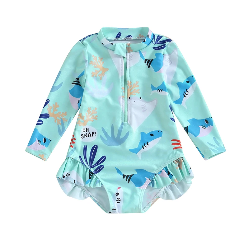Traje de baño manga larga niña cuello levantado estampado marino