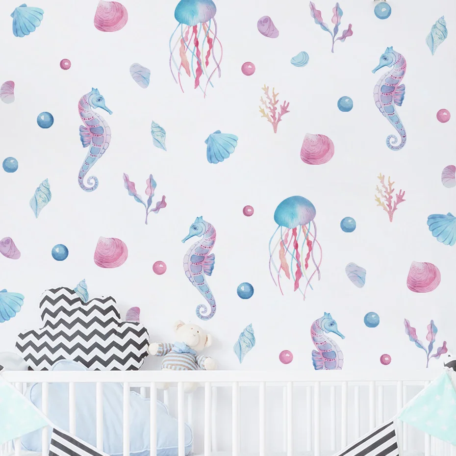 Pegatinas de pared de medusas y caballitos de mar acuarela - imagen 2