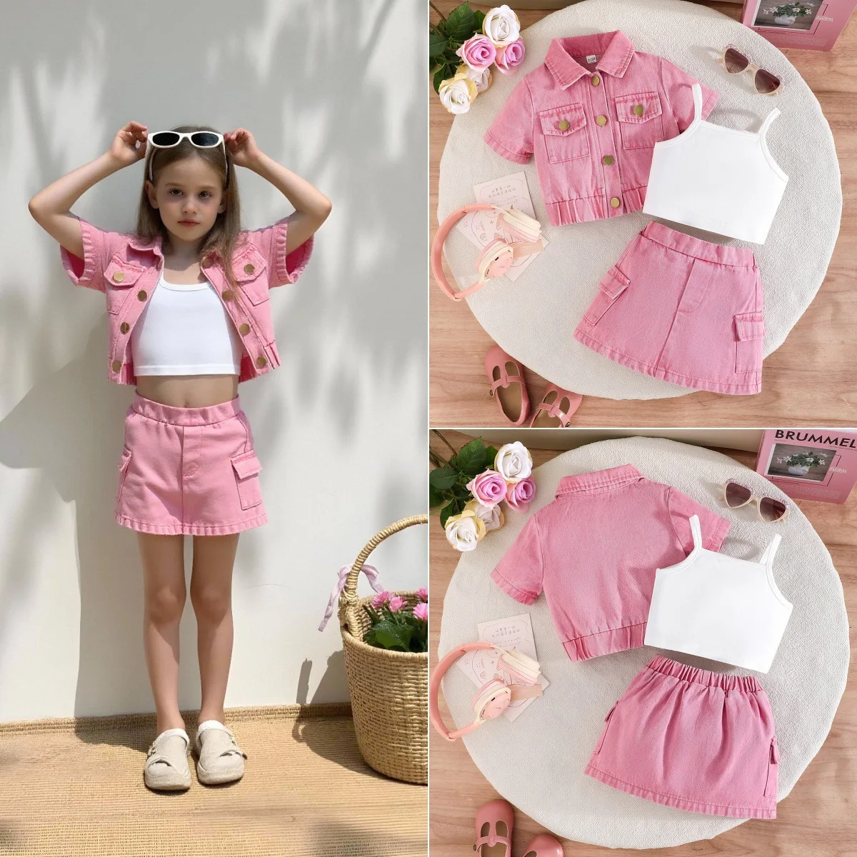 Conjunto de verano para niña en tejido vaquero rosa, falda y top - imagen 4