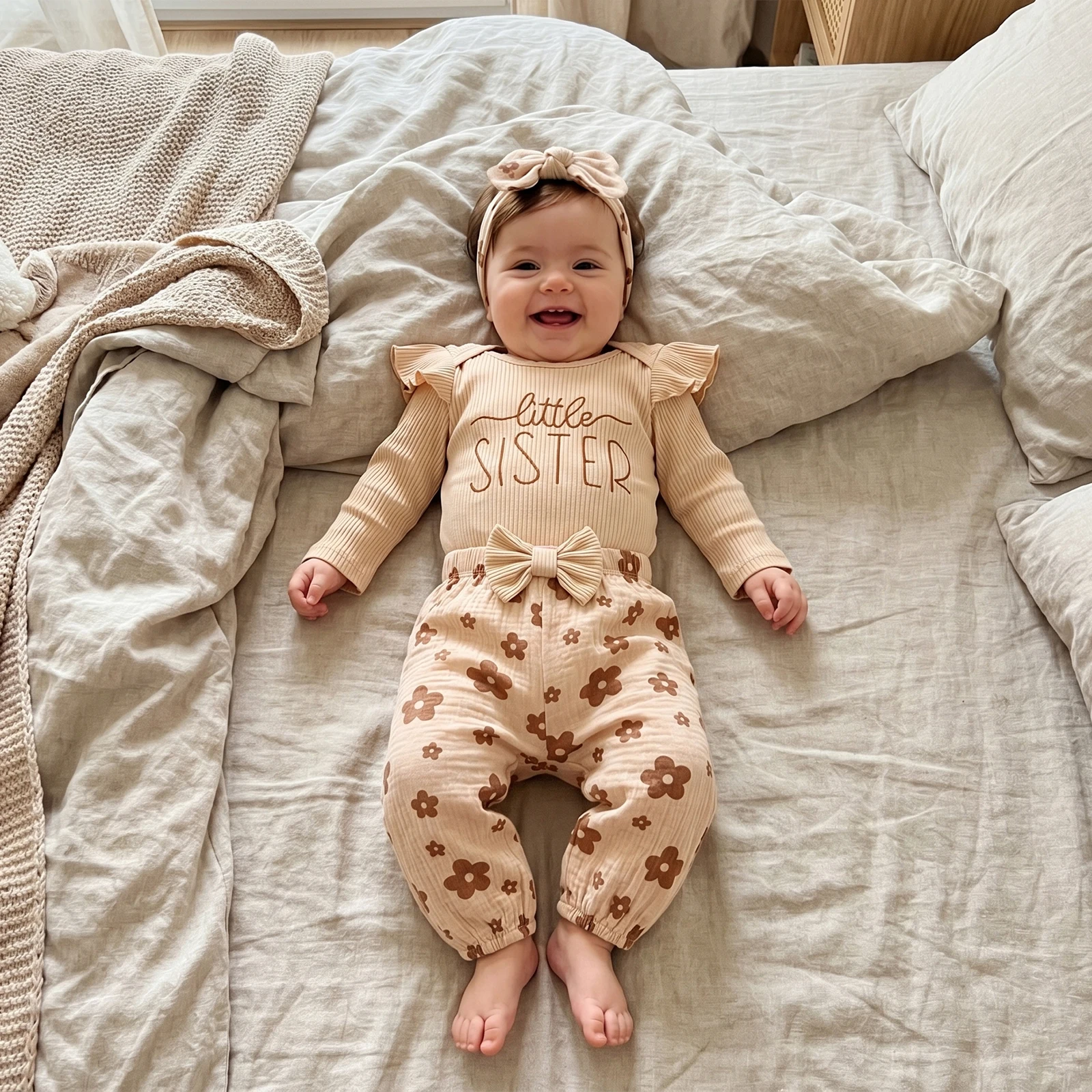 Conjunto recién nacido bebé niña bordado floral canalé y diadema - imagen 4