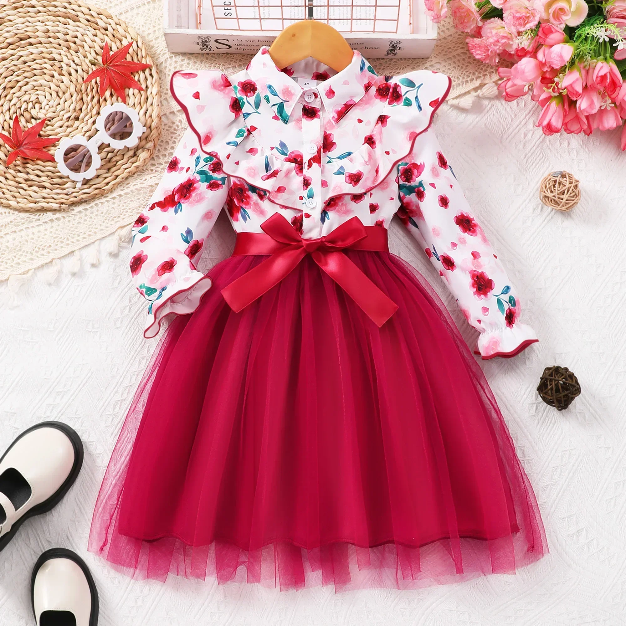 Vestido niña azul princesa con cinturón de gasa y manga larga - imagen 3