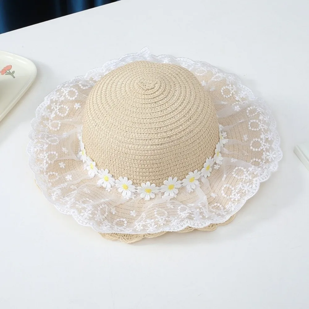 Sombrero de paja infantil ala ancha con protección solar y margaritas - imagen 3