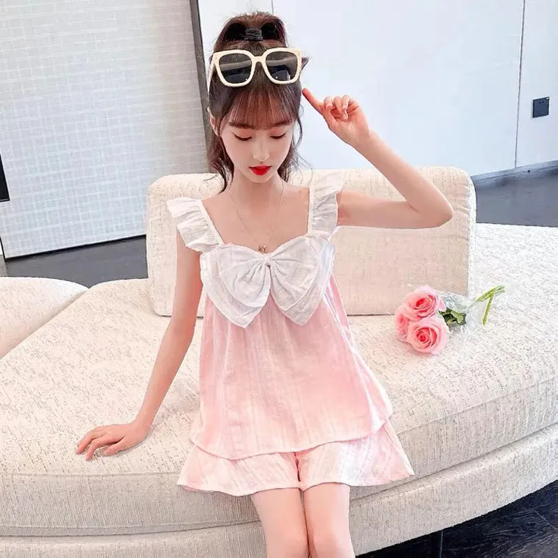 Pijama de tirantes en algodón con lazo para niña – Estilo princesa