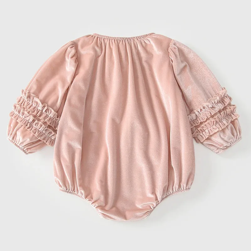 Mono rosa de terciopelo manga larga para niña con lazo y diadema - imagen 3