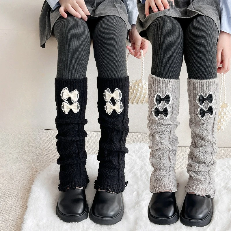 Calcetines de invierno para niñas con lazos dobles térmicos en punto - imagen 2
