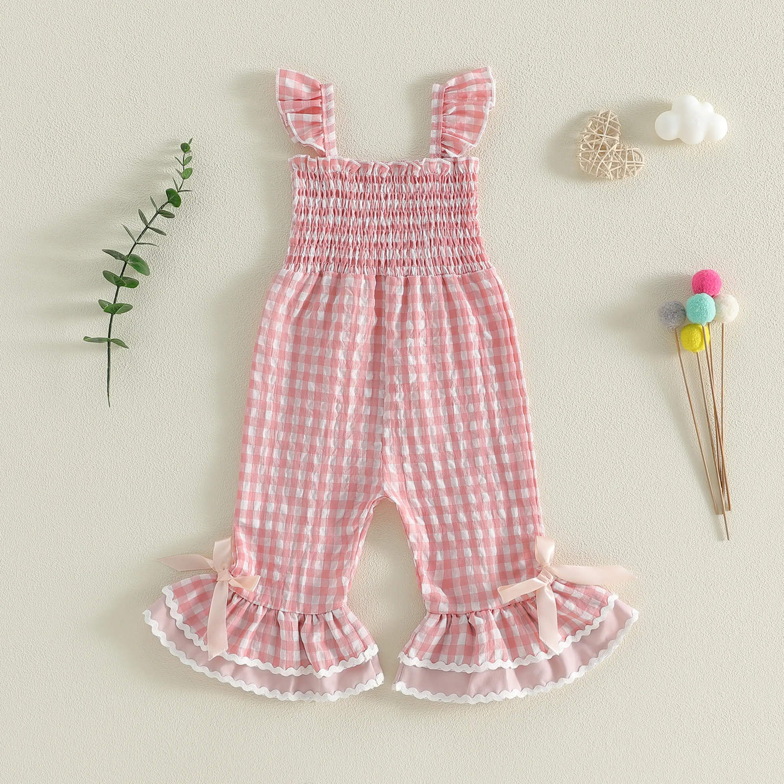 Mono bebé niña con cuadros, volantes y pantalón acampanado - imagen 4