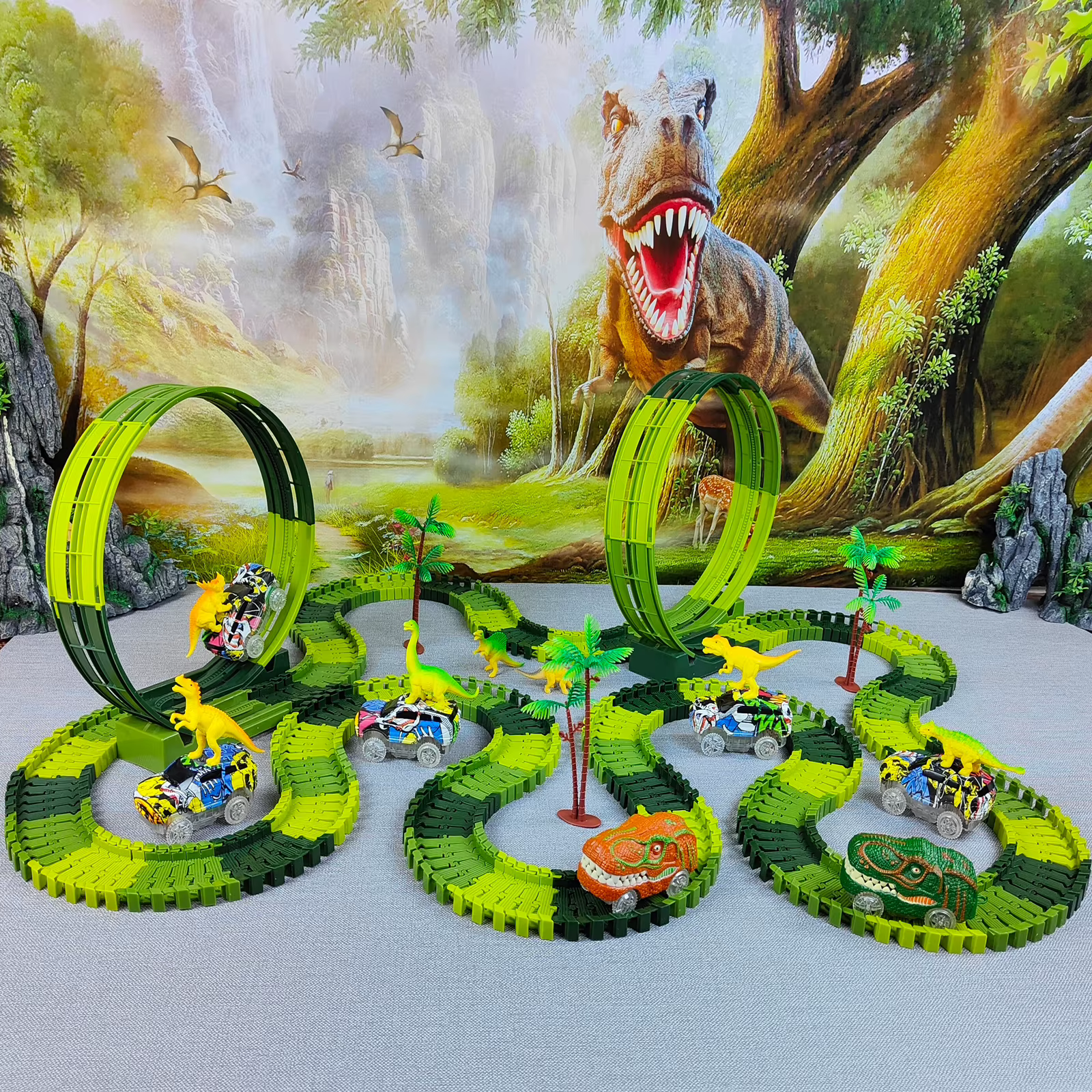 Pista de coches de dinosaurio eléctrica con luces y rampa mágica - imagen 4