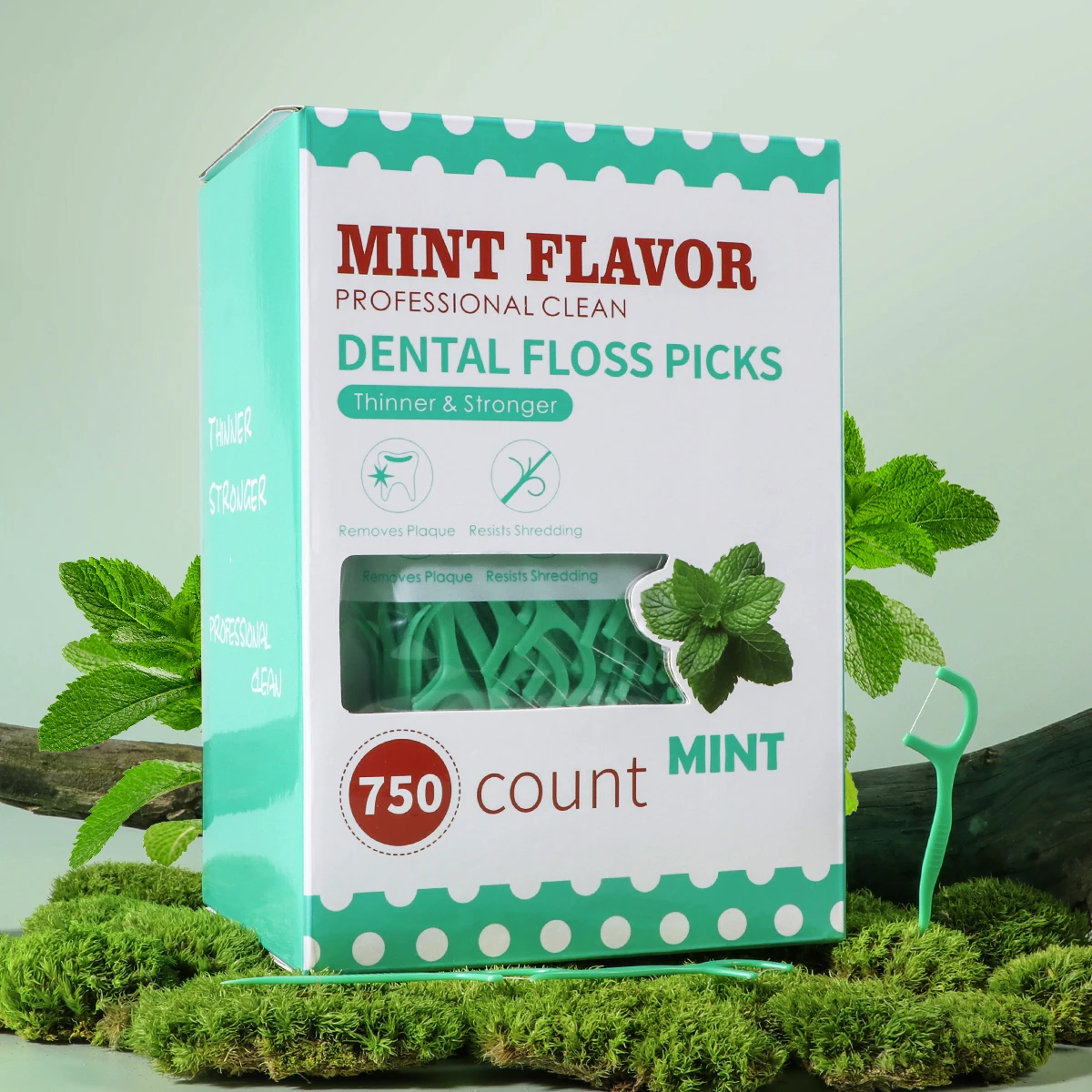 Barra de hilo dental de menta mostrando su formato rígido y punta redondeada
