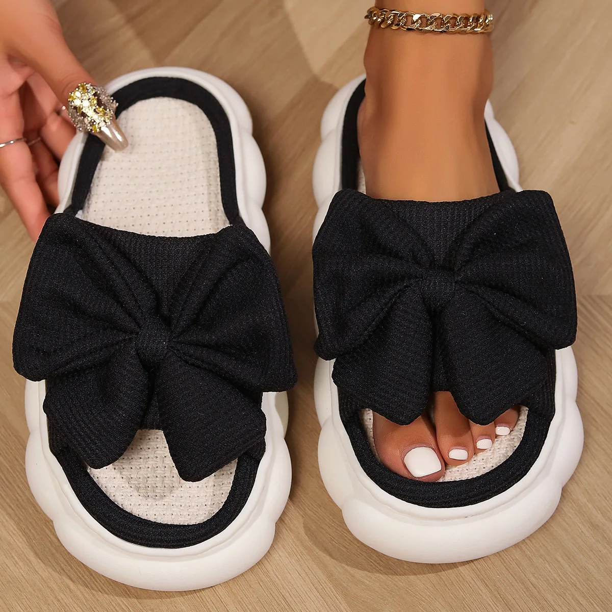 Zapatillas de casa en lino y algodón con lazo grande antideslizante - imagen 4