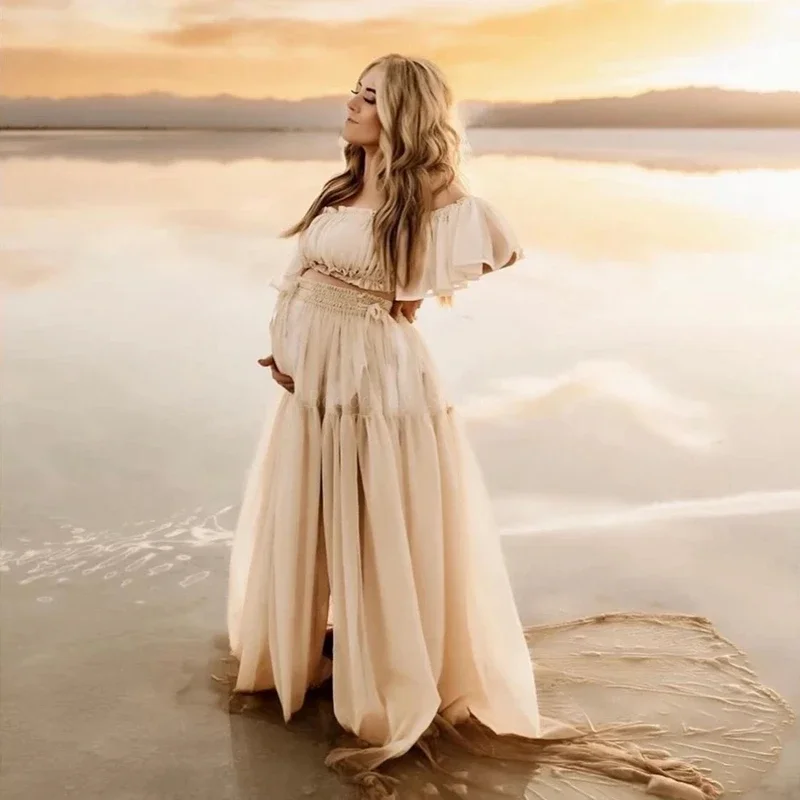 Vestido de maternidad largo de gasa con volantes para fotos - imagen 4