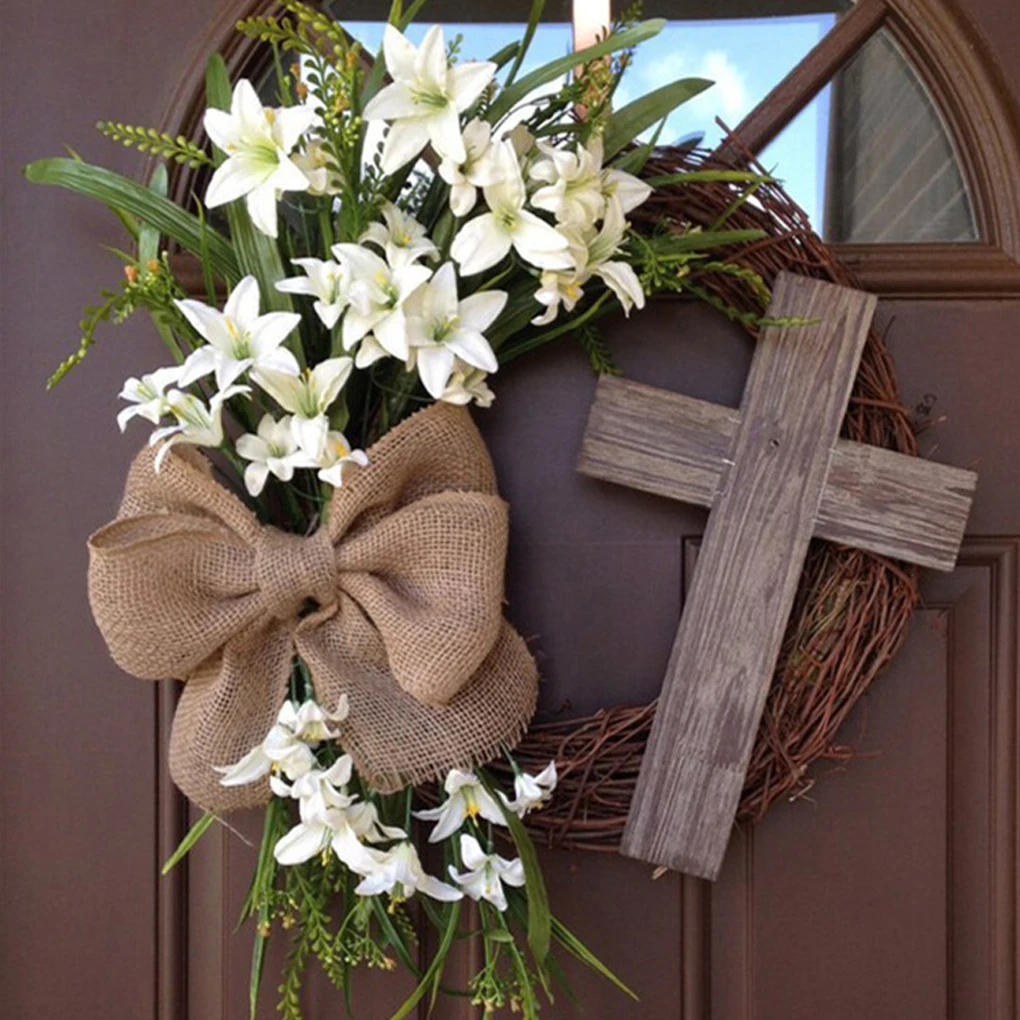 Corona de Pascua colgante con cruz y lazo en arpillera - imagen 4