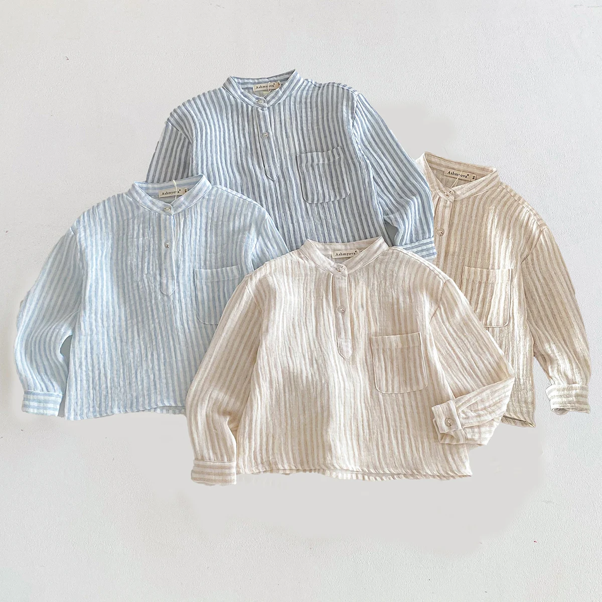 Camisa infantil de lino y algodón a rayas con bolsillo Henley