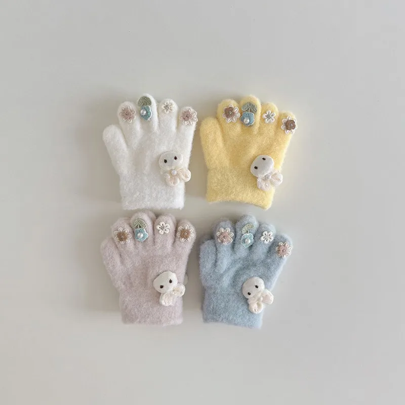 Guantes de invierno para niña cálidos y suaves, adornados con flores - imagen 3