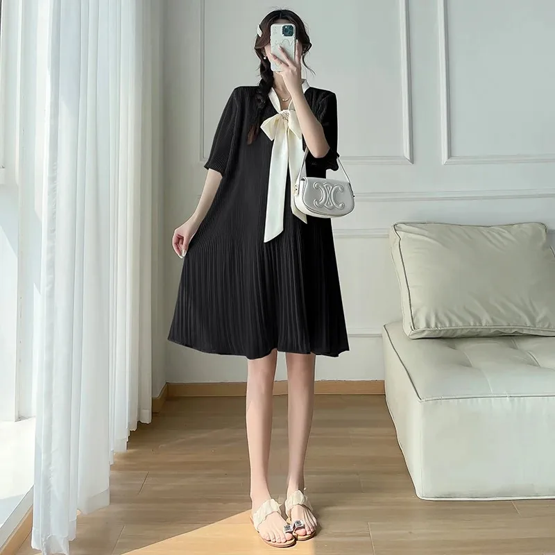 Vestido de maternidad elegante de gasa plisada con lazo y botones - imagen 3
