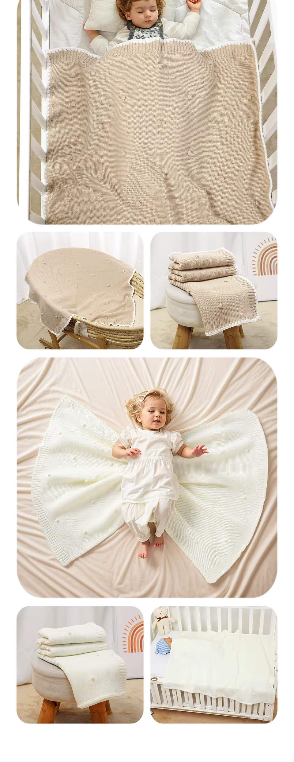 Diferentes ángulos y detalles decorativos de la manta
