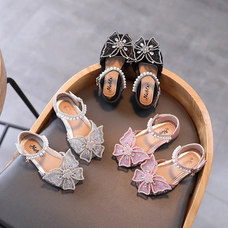 Sandalias planas de verano para niña con lazo de strass y lentejuelas