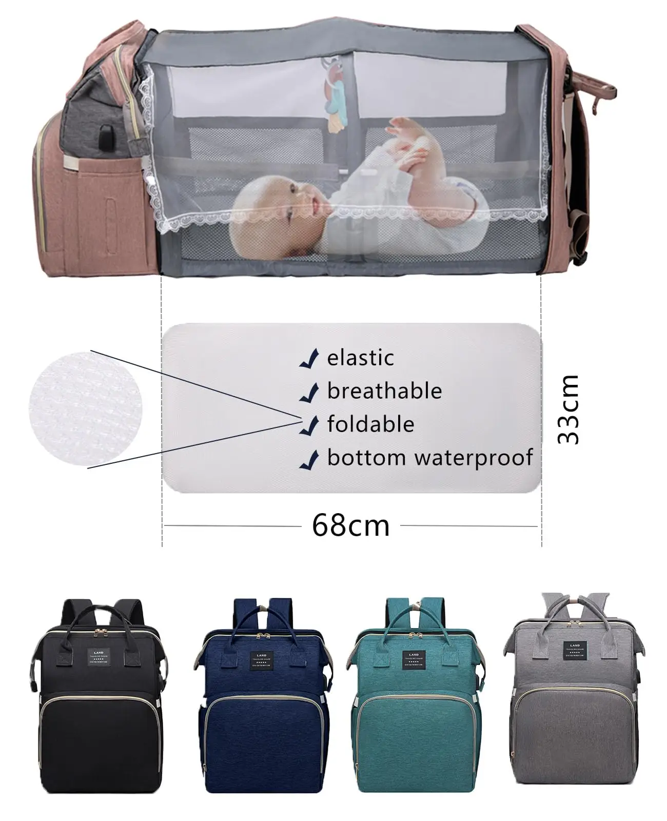 Mochila pañales con cambiador impermeable y organizador multibolsillos - imagen 3