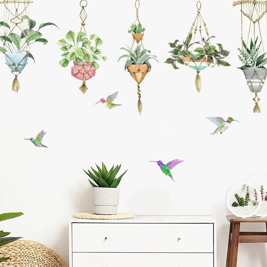 Pegatinas de pared con plantas y pájaros verdes acuarela para hogar - imagen 5