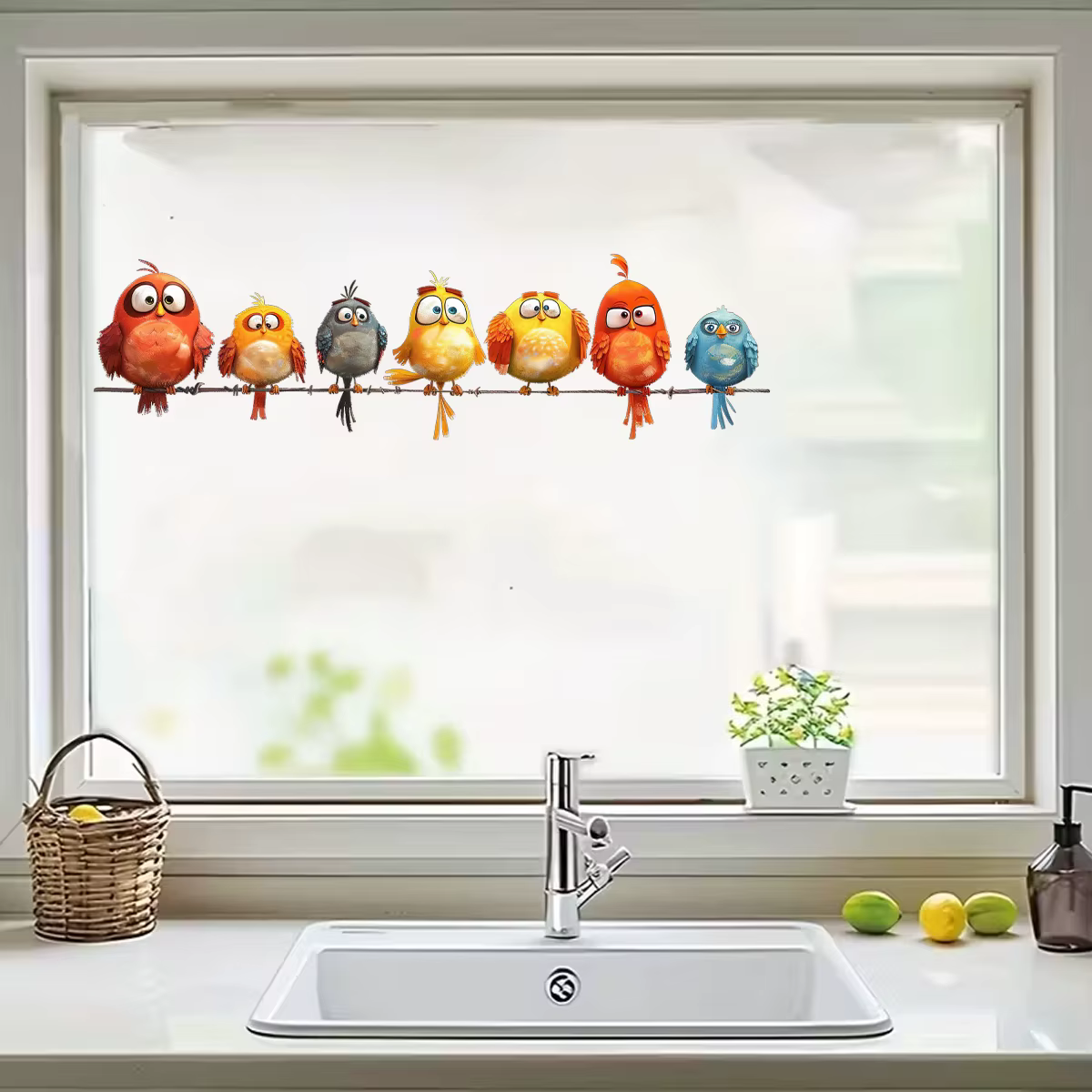 Conjunto de pájaros en ventana del baño