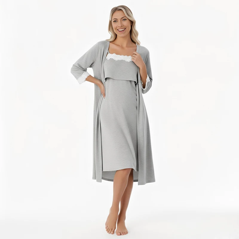 Pijama lactancia con bata encaje para maternidad - imagen 2