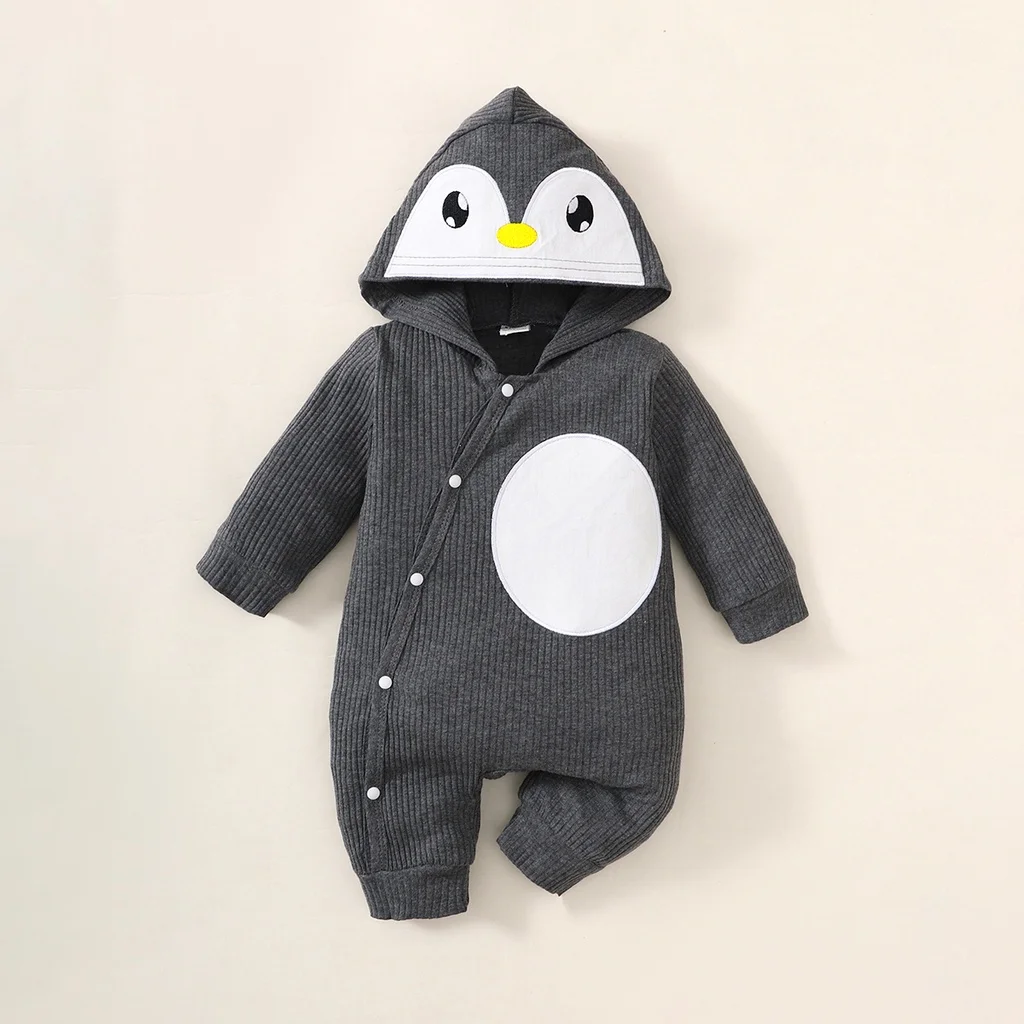 Pijama de bebé con capucha pingüino - mono blanco, mangas largas, gris - imagen 2